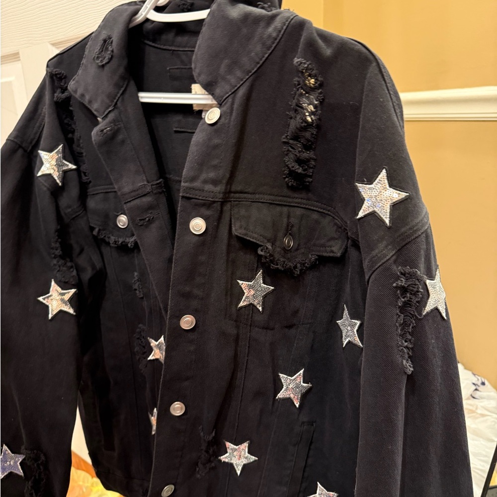 Black Denim Jacket with Star Patches